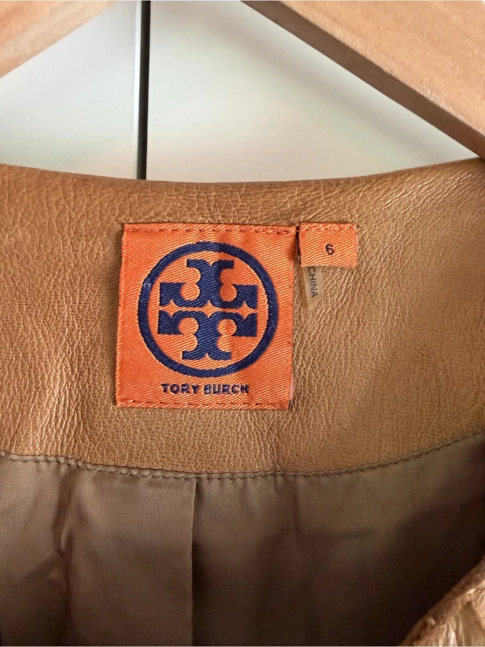 Tory Burch Ruffle Leather Jacket Tan Cognac Brown 3/4 Sleeve Full Zip Women Sz 6
